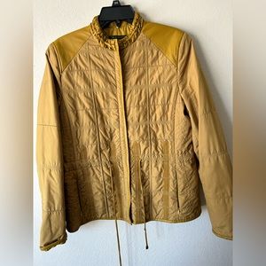 Ellie Tahari mustard gold quilted jacket with faux leather trim size lar…